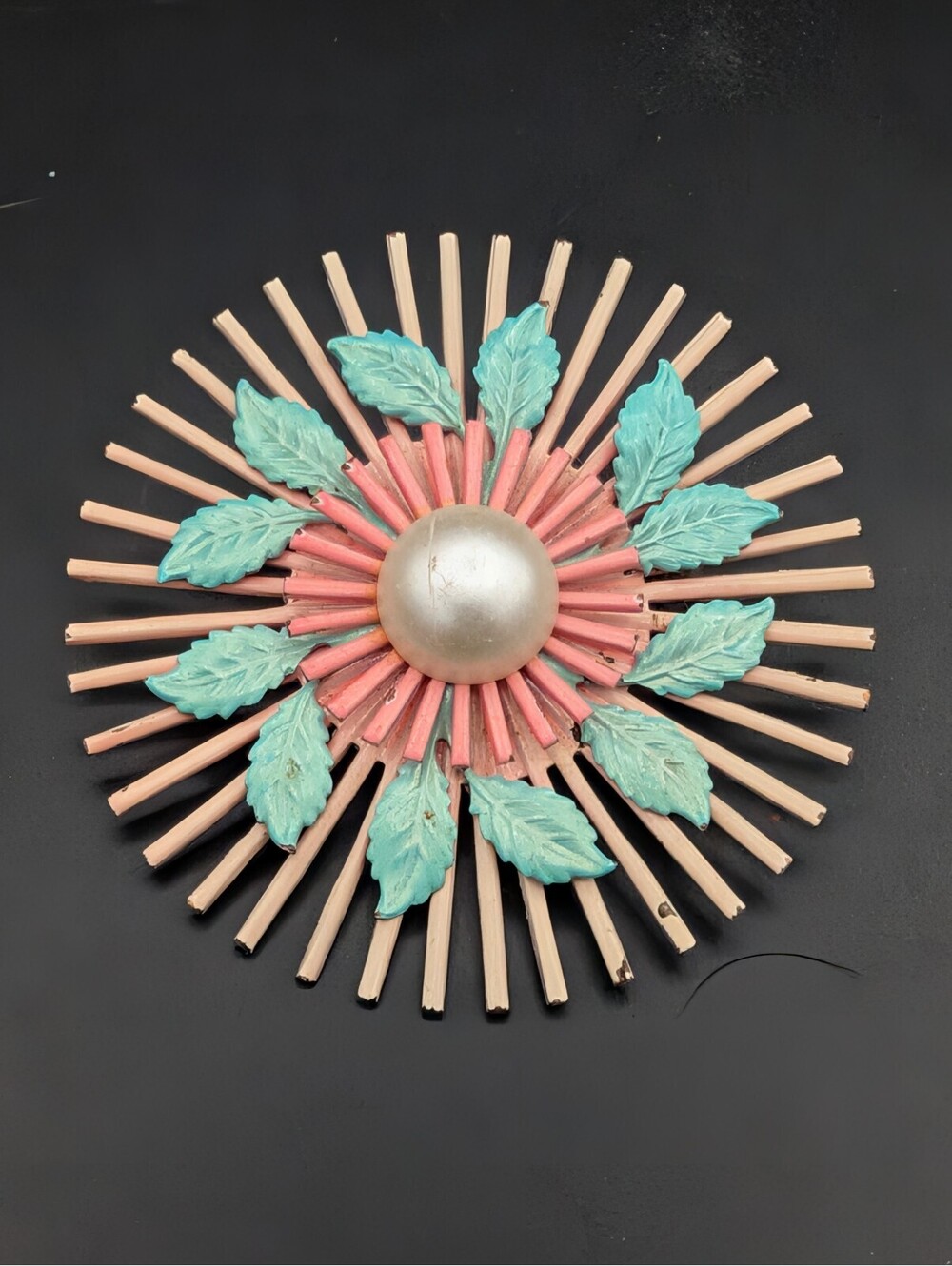 Vintage 1960s Mod Enamel Flower Sunburst Brooch Pastel Pink Teal Pearl Spoke Pin